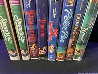 Close up of the VHS tape spines showing titles and condition.
