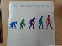 Front cover of Supertramp LP titled "Brother Where You Bound" showing evolutionary figure series in color.