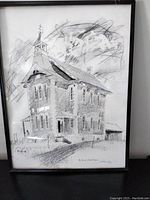 Full view of the framed pencil drawing print of the Ontario Schoolhouse showing the building and surrounding detail.