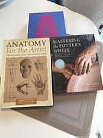Three books displayed on a table: a blue and pink art book titled Year 46, an anatomy reference book for artists, and a pottery technique book.