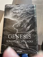 Photo of the book cover showing the title 'Genesis' by Sebastião Salgado and the black and white mountainous landscape.