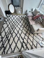 Top-down view of ivory and charcoal shag area rug under sofa in living room