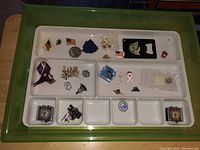 Overview photo showing the white divided tray with multiple small vintage pins organized inside, including a small American flag pin, a medallion with a blue ribbon, a train pin, and other assorted pins.