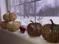 Wide side view on a window sill showing four items: three pumpkin-shaped decorations and one small red apple. Two pumpkins are grape vine, one is pale reed, apple is glossy red.