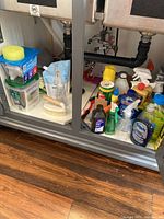 Under sink view showing a variety of cleaning bottles, brushes, containers and supplies.