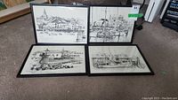 Four framed black and white prints laid out on carpet showing Nantucket waterfront and boats