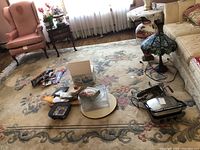 Photo of the full area rug placed in a living area with furniture including an upholstered pink armchair and a beige sofa. Various items placed on the rug including a lamp and small boxes.