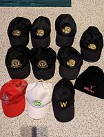 Front view of all 11 hats showing logos and colors, primarily black ball caps with sports logos and one black hockey toque.
