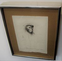 Framed pen and ink sketch showing the full artwork and frame displaying the Japanese monkey by Paul Fournier.