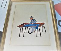 Front view of entire framed painting leaning against box