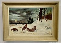 Front view of folk art oil painting depicting quails in a snowy winter scene, showing aged patina on original light cream frame.