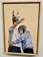 Front-facing view of oil painting showing llama-headed figure and chimpanzee-headed figure on wood panel.