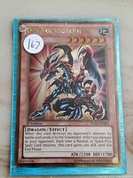 Front image of 1st Edition Blue-Eyes Ultimate Dragon Yu-Gi-Oh! trading card in protective sleeve showing card details and holographic 1st Edition stamp.
