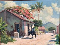 Close-up of oil painting showing rural Rio life with houses, palm trees, and people including a man on a donkey.
