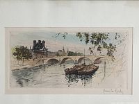 Close-up of the colored etching showing the canal, boats, bridge, trees, and signature bottom right.