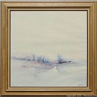Framed watercolor painting of a winter rural scene with a snow-covered path, trees, and houses. Artistic signature visible in the lower right corner.