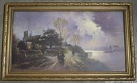 Full view of gilt wood framed Victorian atmospheric print depicting riverside scene with j.w. gazzard signature.