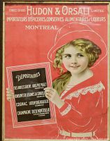 Close-up photo of one era-appropriate Art Nouveau style advertising poster featuring a young girl in a red dress holding a black sign with French text about grocery and liquor products from Hudon & Orsali in Montreal.