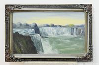 Full view of Niagara Falls oil painting within ornate Art Nouveau frame showing overall condition and style.