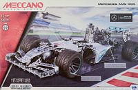 Front view of unopened Meccano Mercedes AMG W05 model kit box showing the race car image, age 12+, 518 pieces, real metal components.