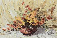 Close-up of the oil painting showing sunflowers and signature W. Allan.