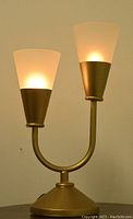 Twin frosted glass shade table lamp lit showing warm light and brass toned body.