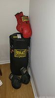 View of Everlast punching bag with red Everlast gloves hung on it and black Round Two gloves on floor