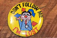 Front of the vintage button pin featuring illustration and text 'DON'T FOLLOW ME I'M LOST'.