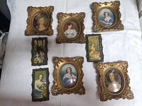 Full view of all seven antique portrait miniatures showing their frames and subject details