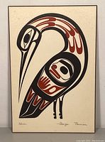 Full view of the heron print featuring First Nations Indigenous art style with the signature and title visible at the bottom edges.