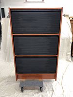 Front view of one cabinet with all three black roll-front doors closed showing the wood frame.