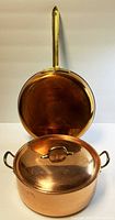 Copper covered pot with brass handles and a single long handled copper frying pan.