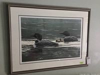 Full frontal view of framed print showing loons on water and frame