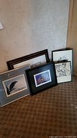 Five framed animal prints leaning against wall and on floor, visible brown, silver, and black frames