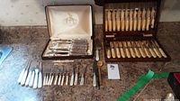 Overview of all flatware including bone-handled knives in box, and mother of pearl handled silver plated knives and forks set.