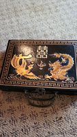 Wooden Mahjong box with gold dragon and phoenix carvings on the lid