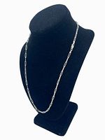 Front view of the 925 sterling silver chain link necklace displayed on black bust stand, showing the full length and clasp.