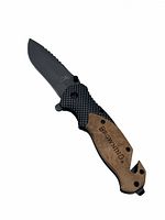 Photo of the folding cutting knife opened showing blade and wooden handle with Browning logo.