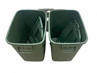 Top view showing two rectangular Rubbermaid garbage cans with lids inside them.