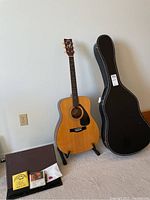 Full view of guitar on stand with tolex case and accessories at base