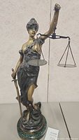 Full front view of the Lady Justice statue showing blindfold, scales, sword, and base