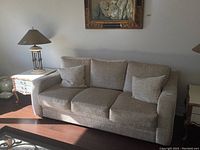 Front view of light beige crushed velvet couch with three seat cushions and three large back cushions, accompanied by four throw pillows