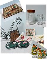 Overview photo showing the rooster-themed kitchen items: metal rooster wine bottle holder, trivets, napkin holders, dish cloth, canvas bag, mason jar mugs, and placemats.