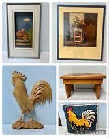 Collage showing all items: carved wooden rooster, small wooden bench, painted farm style pillow, two framed art pieces including one with rooster and one with flowers.