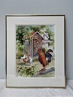 Full view of framed watercolour painting showing rooster with hens and washroom outhouse.