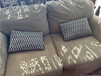 Brown loveseat with two black and white patterned pillows, some light reflected on fabric surface.