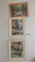 Three framed paint by numbers paintings hung vertically on a wall showing forest and river nature scenes.