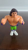 Front view of WWF Hasbro Marty Jannetty action figure in green trunks, purple and white wristbands, and white boots.
