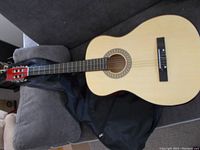 Wide view of the full guitar lying on a couch with a soft black carrying case.