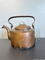 Copper tea kettle viewed from left side showing hinged handle, spout, lid, and patina.